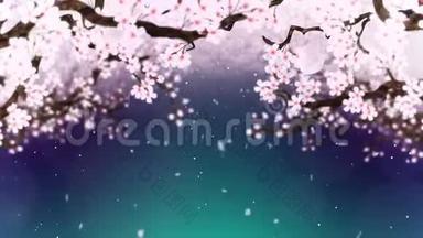 樱花盛开。 樱桃树枝。 樱花粉红色.. 樱花绿底色.. CG循环动画。