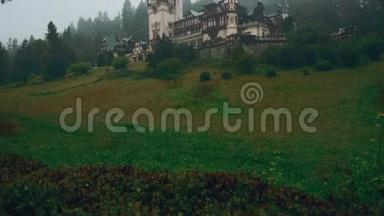 罗马尼亚特兰西瓦尼亚的佩莱斯城堡和一片薄雾松树林-超广角前景