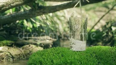 水涌入玻璃，矗立在苔藓的岩石上。 弹簧流在软关注背景。 纯净的生态水