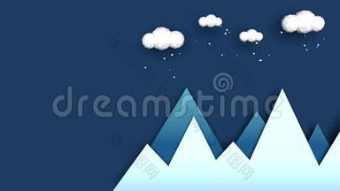 山在冬季降雪动画. 现代和平面风格。 <strong>蓝山</strong>，白云之上，飘落雪花.. 低p