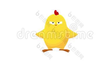 可爱小黄鸡无缝卡通动画.. 复活节小鸡站着，挥动翅膀想飞