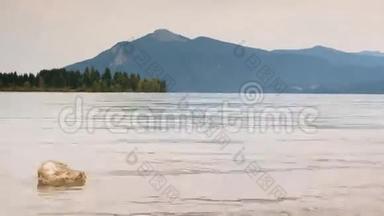 山湖<strong>水中</strong>石头的时间推移视频。 秋湖、森林岛屿和山脉的温柔<strong>波浪</strong>。