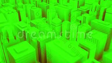 摄像机穿过抽象的绿色城市。 3D动画