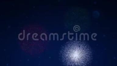 彩色CG数字烟花在梦幻夜空和月亮，圣诞节和新年快乐背景下的运动