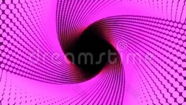 3D插图，粉红色的大圆点排列成线，它被放在一起，直到它是一个方形的管道，它是扭曲的