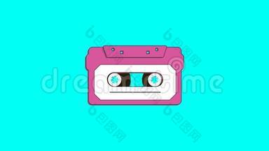 老式音乐磁带。 卡通平面风格播放音频盒式动画的蓝色背景。