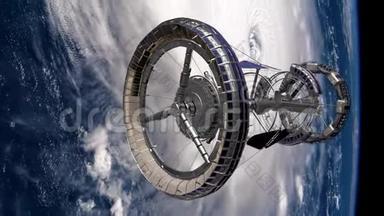 Sci Fi国际空间站国际空间站环绕地球大气层。 太空站轨道地球。 3D动画。 t元素