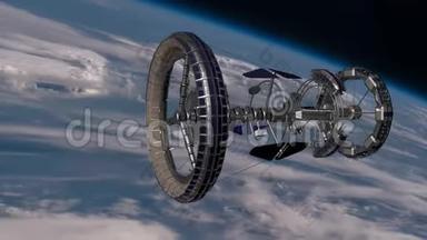 Sci Fi国际空间站国际空间站环绕地球大气层。 <strong>太空站</strong>轨道地球。 3D动画。 t元素