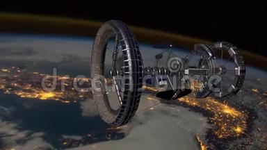Sci Fi国际空间站国际空间站环绕<strong>地球</strong>大气层。 太空站轨道<strong>地球</strong>。 3D动画。 t元素