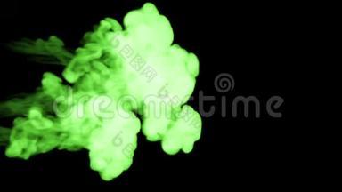 绿色墨水溶解在水中的黑色背景与卢马哑光。 计算机仿真的三维渲染。 注入水