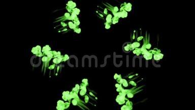 绿色墨水溶解在水中的黑色背景与卢马哑光。 计算机仿真的三维渲染。 注入水