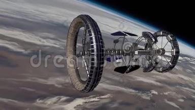 Sci Fi国际空间站国际空间站环绕<strong>地</strong>球大气层。 太空站轨道<strong>地</strong>球。 3D动画。 t元素