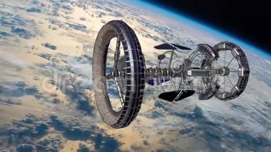 Sci Fi国际空间站国际空间站环绕地球大气层。 太空站轨道地球。 3D动画。 t元素