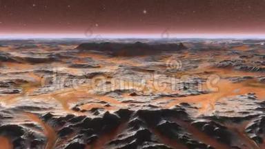 火星表面的全景景观.. 真实的电影动画。 摄像机移动到火山口。