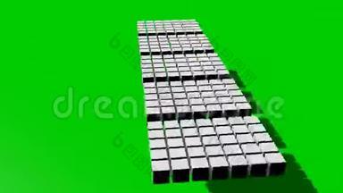 五个白色立方体片段移动在绿色屏幕上，缩放，旋转，抽象介绍或外部视频
