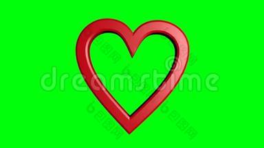 两颗可爱的红心在绿色伙伴上移动。 大的心和小的心。 情人节或婚礼电影。 夜总会