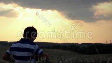 日落时分，一个男孩带着笔记本电脑在田野里，一个男孩在日落时分在上面工作
