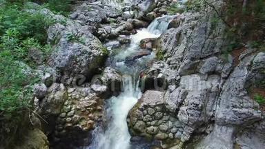 4K. 野河流淌在阿尔卑斯山脉，洁净的碧水和绿林之中.. 特里格拉夫国家公园，朱利安阿尔卑斯山，博欣吉山谷。