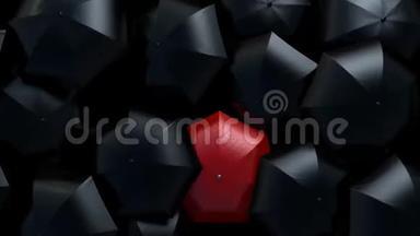 红伞穿过黑色伞流，人群概念中的领袖。 美丽的3D动画，4K超<strong>高清</strong>