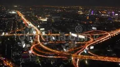 夜灯曼谷最高楼观景台交通路交叉口4k延时泰国