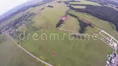专业的跳伞员在空中跳伞，在绿色的田野，<strong>树</strong>林上。 <strong>身高</strong>。