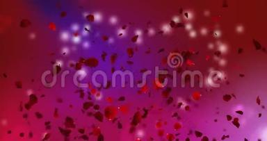 3D动画，<strong>粉色</strong>和<strong>紫</strong>色玫瑰花瓣，黑色背景，爱情和情人节