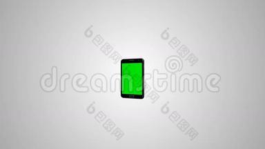 智能手机打开白色背景。 易于定制的绿色屏幕。 计算机生成的图像