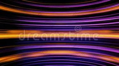 抽象的未来主义<strong>橙色</strong>和紫色霓虹灯弯曲<strong>线条</strong>闪烁在黑色背景，运动平面设计。 动画