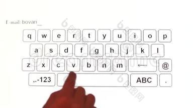 <strong>手指</strong>的特写<strong>点击</strong>触摸键盘的字母。