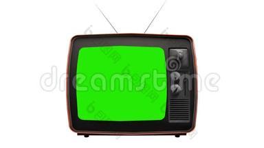 老式电视绿屏。 放大一个老式电视的绿色屏幕
