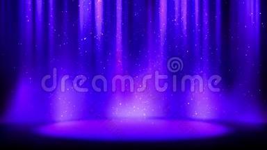 空蓝紫色的场景在闪闪发光的背景上，地方被柔和的靛蓝聚光灯照亮，落下闪亮的闪闪发光的粒子