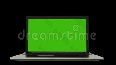 相机放大到笔记本电脑屏幕。 绿色屏幕Chroma键。 阿尔法通道4K三维渲染