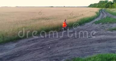 穿裙子的女孩骑着自行车沿着麦田。 向无人机射击。 从高处看美丽的风景