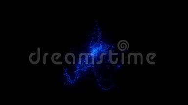 蓝色闪闪发光的粒子在黑暗的空间中移动。 它是明亮的节日背景，有闪闪发光的粒子，景深和波