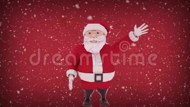 圣诞老人挥手微笑着。 雪花落红背景.. 动画贺卡。 圣诞快乐
