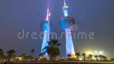 科威特塔白天到晚上的延时超移-科威特城最著名的地标。 科威特、中东