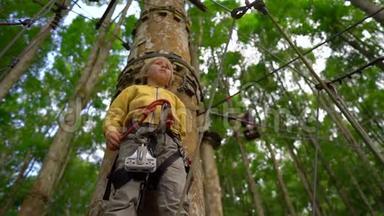 一个穿着安全装备的小男孩在森林探险公园的树梢上爬上了一条路线。 他爬上去
