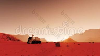 尘埃背景上带有红色火星菌落的三维插图。 火星行星站轨道基地。 <strong>太空探索</strong>。 城市