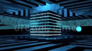 计算机核心是由一个金属结构中的立方体用蓝光照射形成的，接收来自你的二元信息线