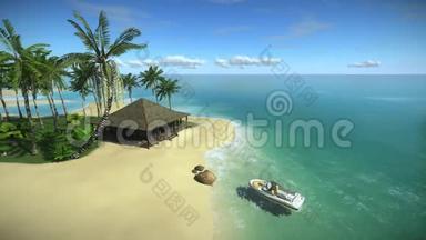 在<strong>热带岛屿</strong>的房子，3D动画的<strong>热带岛屿</strong>海岸在平静的一天，假日在<strong>热带</strong>天堂在O。