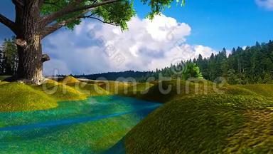 森林中的小湖和蓝天的三维动画景观