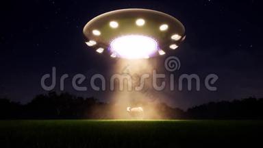 在浅色背景上复古风格的<strong>UFO</strong>牛。 乡村景观。 外星飞船。 不明飞行物飞行飞船绑架。 村