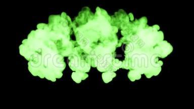 3D渲染辉光绿色墨水溶解在水的黑色背景与卢马哑光作为阿尔法通道的视觉效果