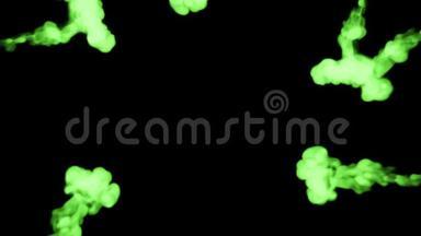 3D渲染辉光绿色墨水溶解在水的黑色背景与卢马哑光作为阿尔法通道的视觉效果