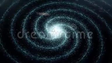 银河系在深空间的一种螺旋形式，在黑色背景上旋转，无缝循环。 动画。 穿过星域
