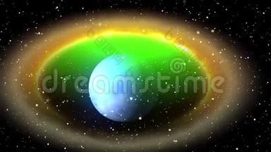 在<strong>星空</strong>背景下，<strong>蓝色</strong>行星在彩色气体的圆圈中的动画。