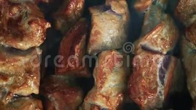 烤肉架上的肉。烤串肉串。用木炭煮猪肉。传统野餐菜肴特写