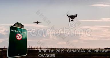 一个无人机在机场附近飞行的动画，没有无人机的标志和新的加拿大无人机法规的文本