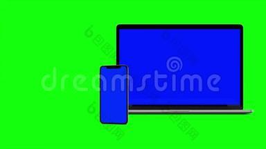 4K视频。 笔记本电脑笔记本电脑和智能手机开启与蓝色屏幕上的绿色背景。