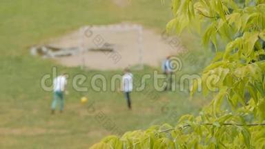 一家人在公园里踢足球。